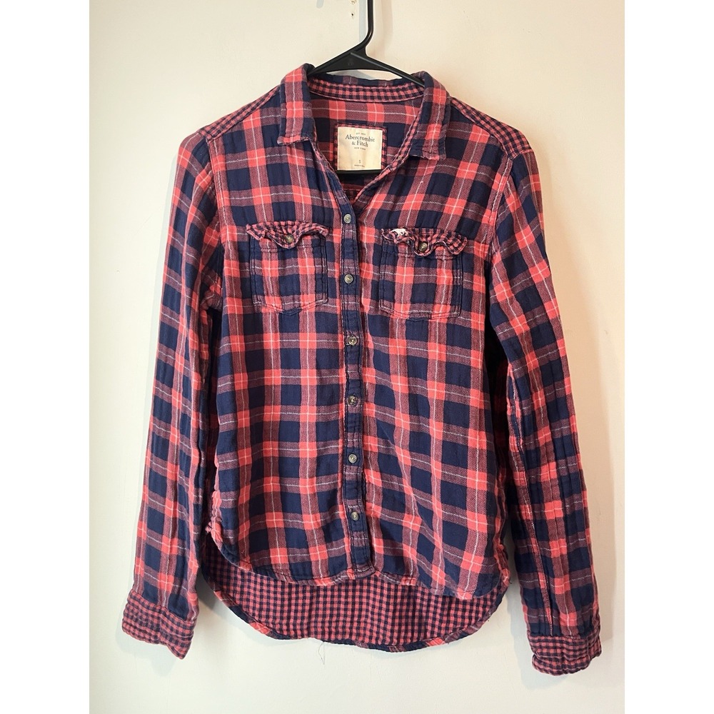 Y2K Abercrombie And Fitch High Low Flannel Top Long Sleeve Womans Small Red Plai